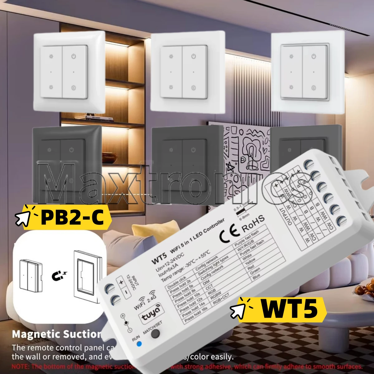 WT5 WiFi RF 5 in1 LED Controller TUYA Smart Dimmer DC12-24V 4-Button 86 Panel RF Remote for Single Color CCT RGB RGBW RGBCCT LED