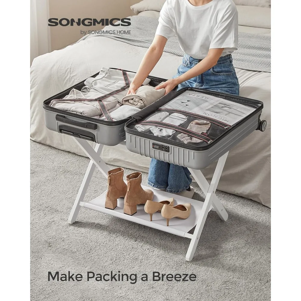 Folding Suitcase Stand com prateleira de armazenamento, bagageiro, Heavy-Duty, detém até 131 lb, adequado para quarto de hóspedes, hotel, quarto, conjunto de 2