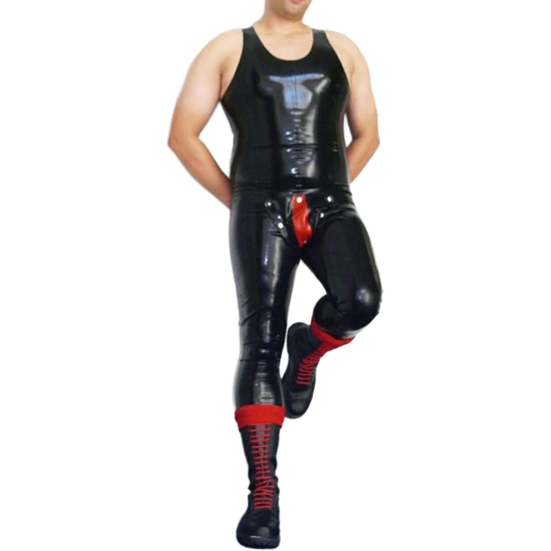 Black And Red Sexy Sleeveless Latex Vest Catsuit With Codpiece Without Zipper Round Collar Hole Rubber Tank Jumpsuits Zentai 265