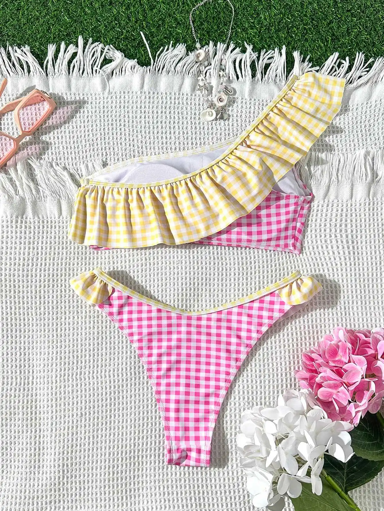 sexy one shoulder ruffles bikinis sets two pieces high waist plaid swimsuits bathing suit swimwear biquini tankini trikini