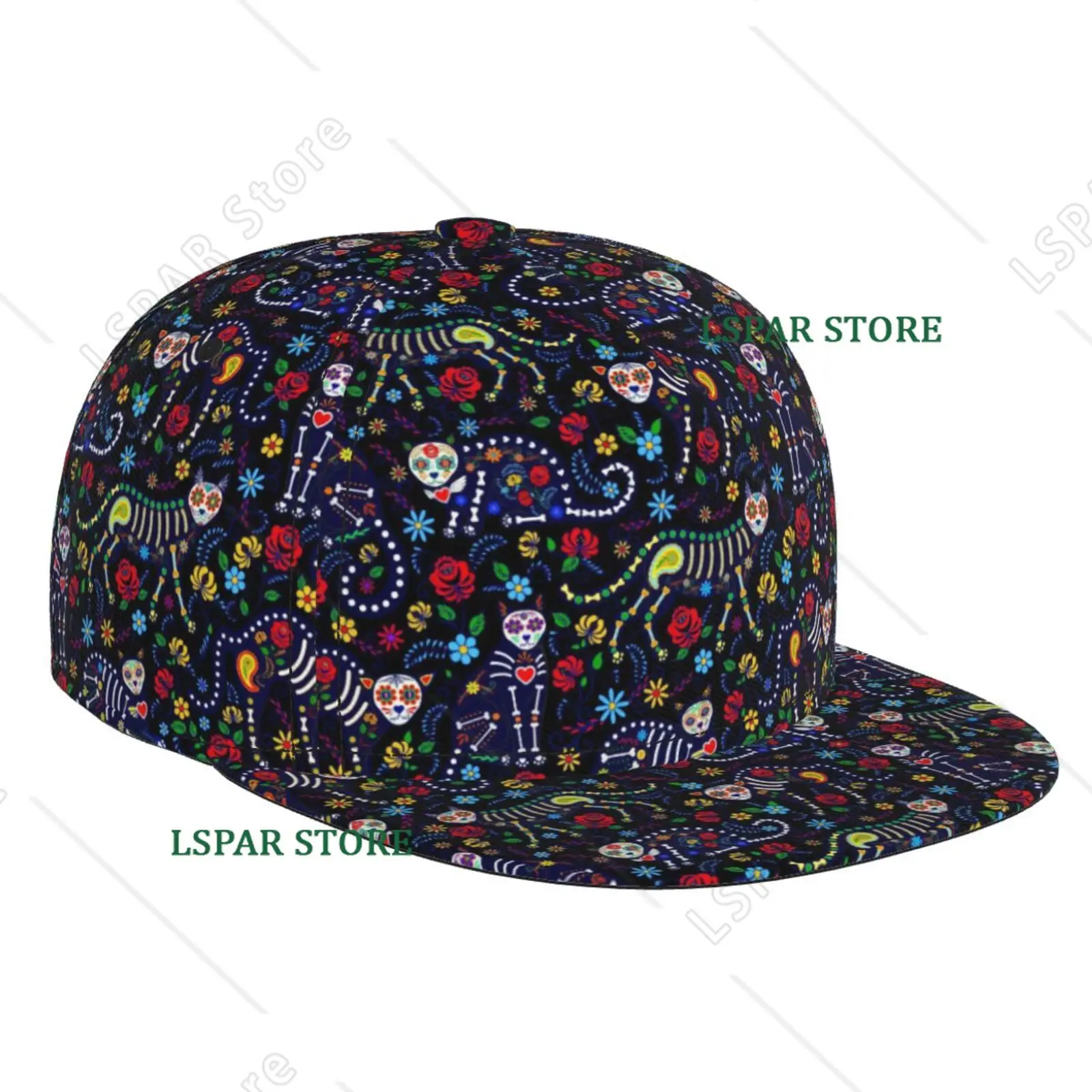 Halloween Day of The Dead Themed Cat Flat Brimmed Hat Suitable for Both Men and Women Fun Adjustable Sun Shading Baseball Cap