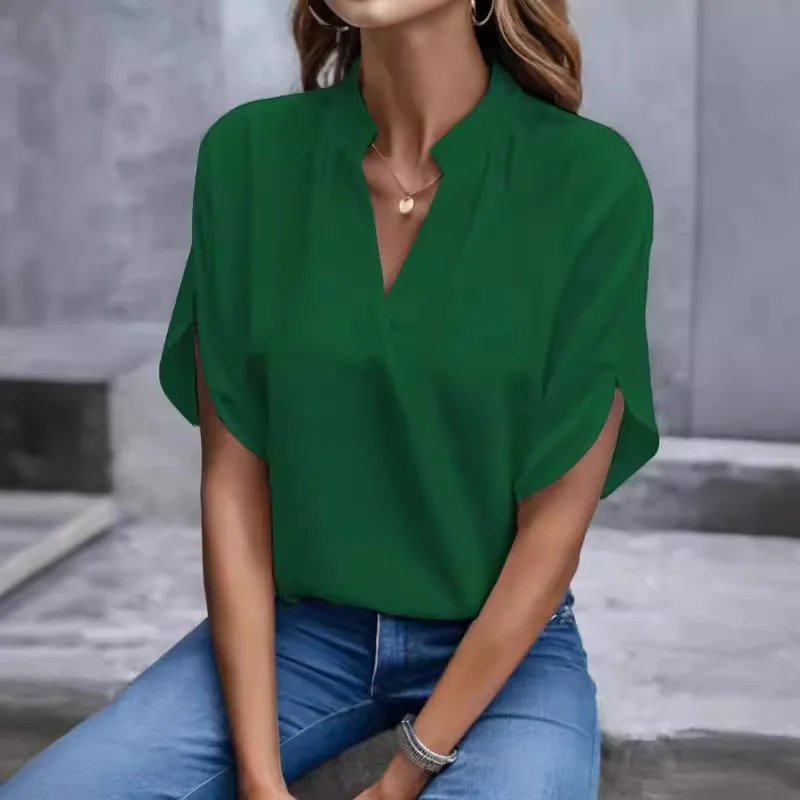 Women's Short Sleeve V Neck Blouse with Split Neckline and Flowy Fit for Casual Office Wear
