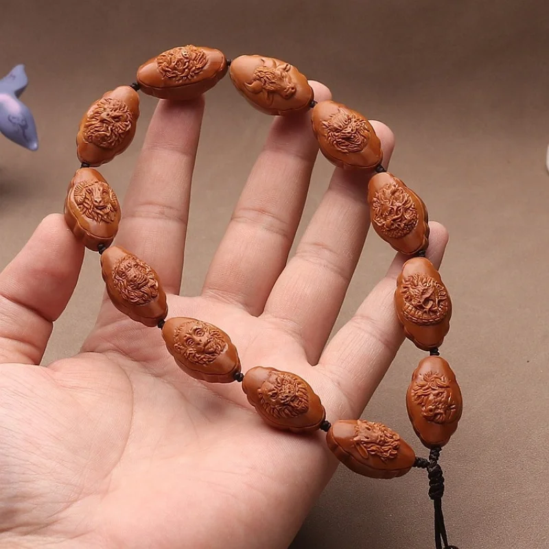 Hand-Carved Olive Pit With Twelve Zodiac Signs, Embossed Buddhist Prayer Beads Bracelet
