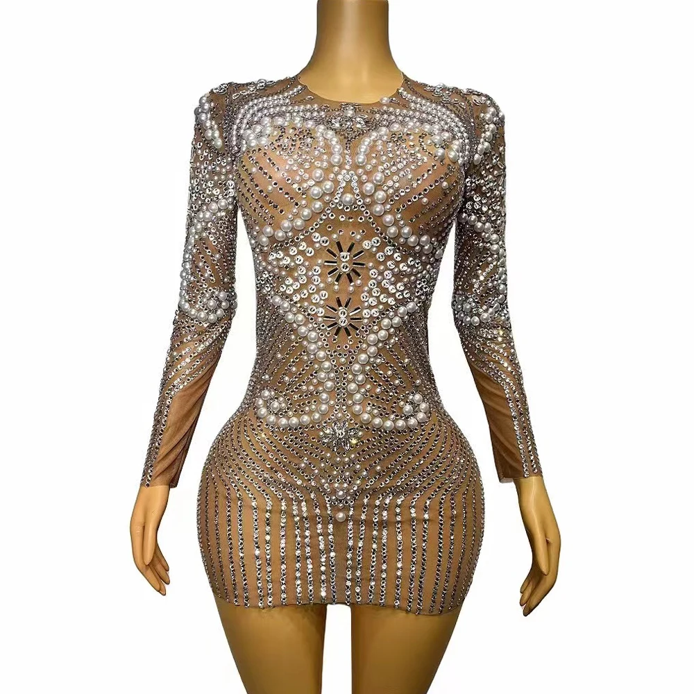 

Women Sexy Stage Silver Rhinestones Pearls Brown Mesh Dress See Through Costume Singer Dance Birthday Celebrate Outfit