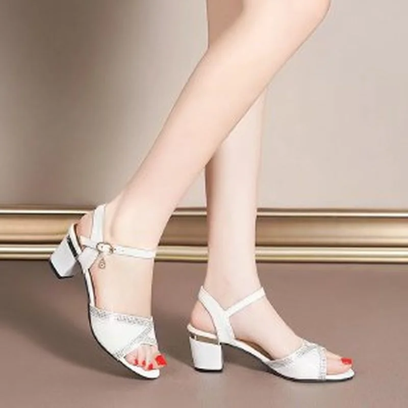 Summer Women Sandals Genuine Leather  New Large Size Comfort Square Heel Sandals Open Toe Shoes Woman Fashion Sandals   Adult