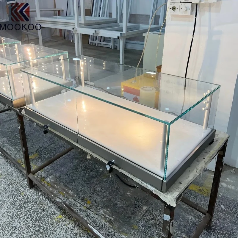 custom.Frameless LED Glass Jewelry Display, Lockable Stainless Steel Base Showcase Luxury Watch & Jewellery Retail