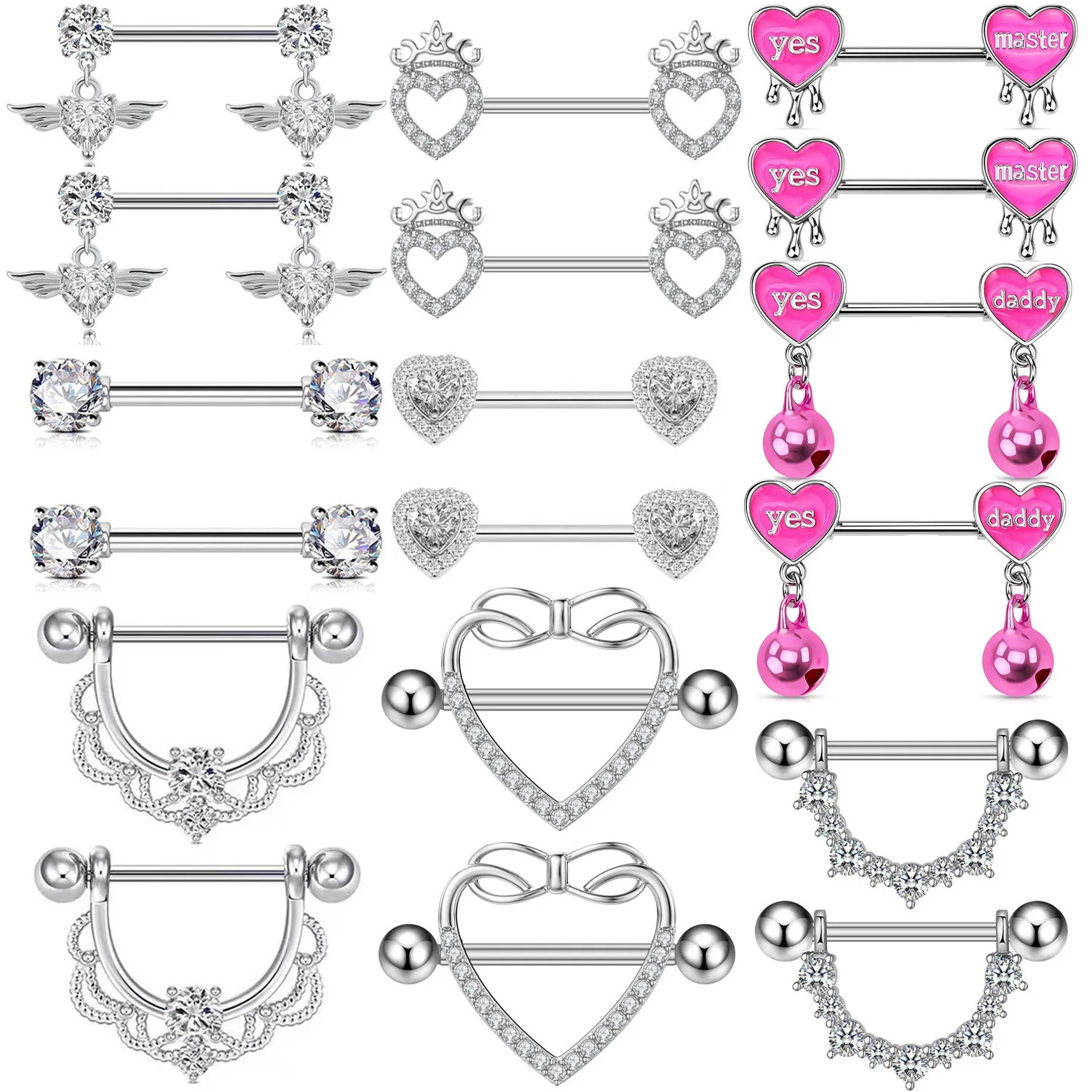 2Pcs Sexy Angel Moon Heart-shaped Nipple Ring Boutique Shiny Zircon Perforated Straight Rod Nipple Stud Puncture Jewelry