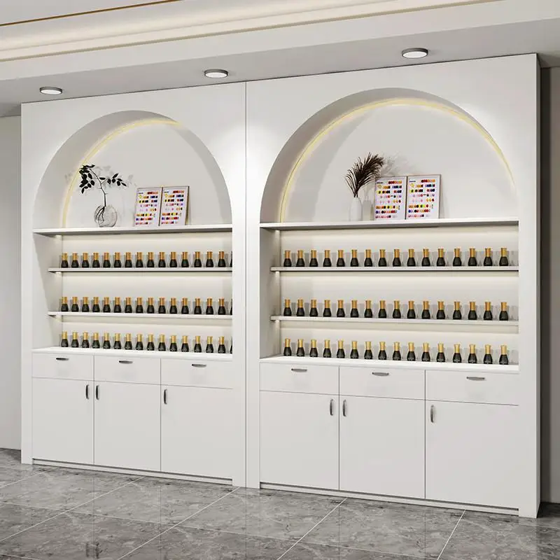 Custom Size Commercial Beauty Salon Cosmetics Display Cabinet Showcase Skin Care Nail Shop Display Cabinet with Light