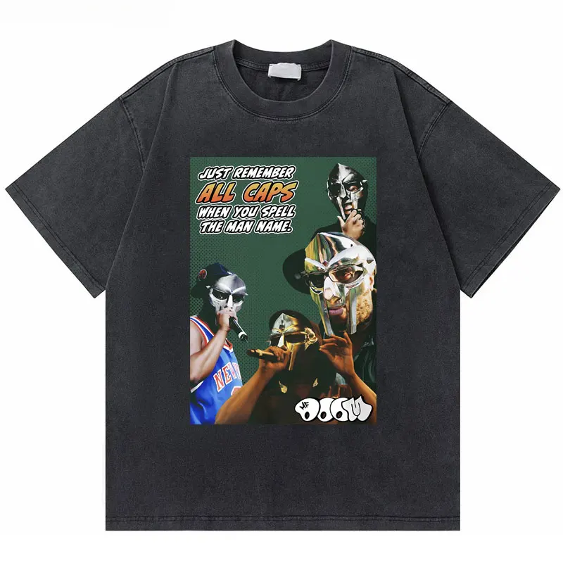 

New Rapper Mf Doom Madlib Madvillain All Caps Graphic T Shirt Male Hip Hop Oversized Tshirt Men Women Washed Vintage Streetwear