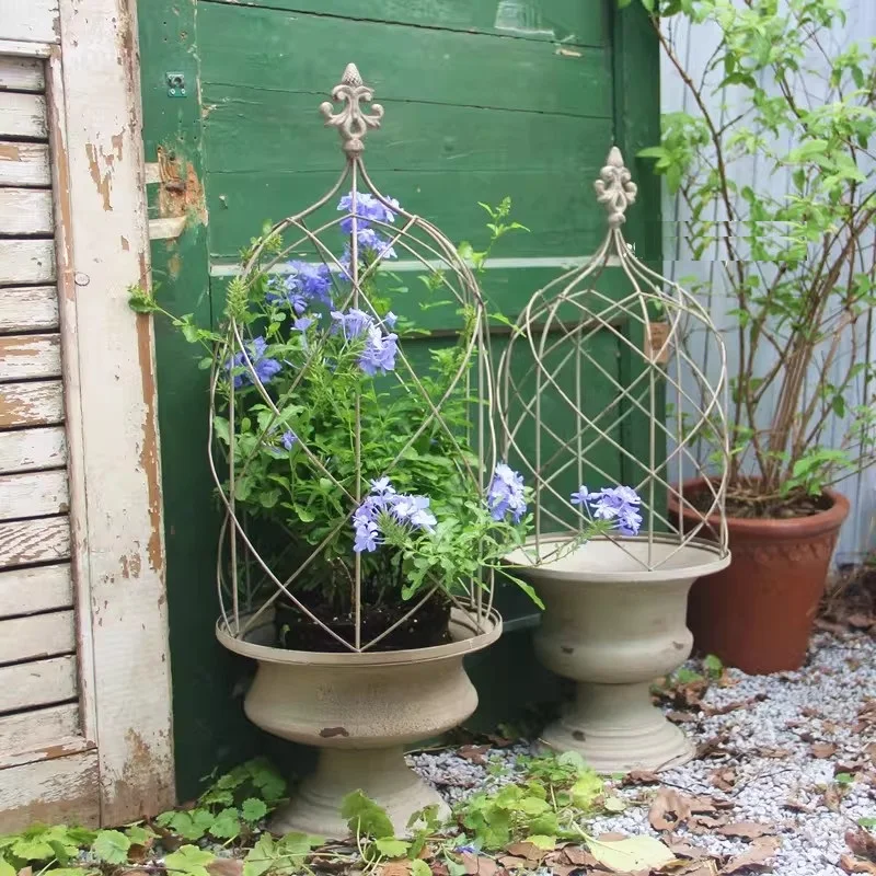 

Vintage metal birdcage plant growth pot with lattice rack, powder coating, suitable for outdoor, home garden, hotel, bonsai