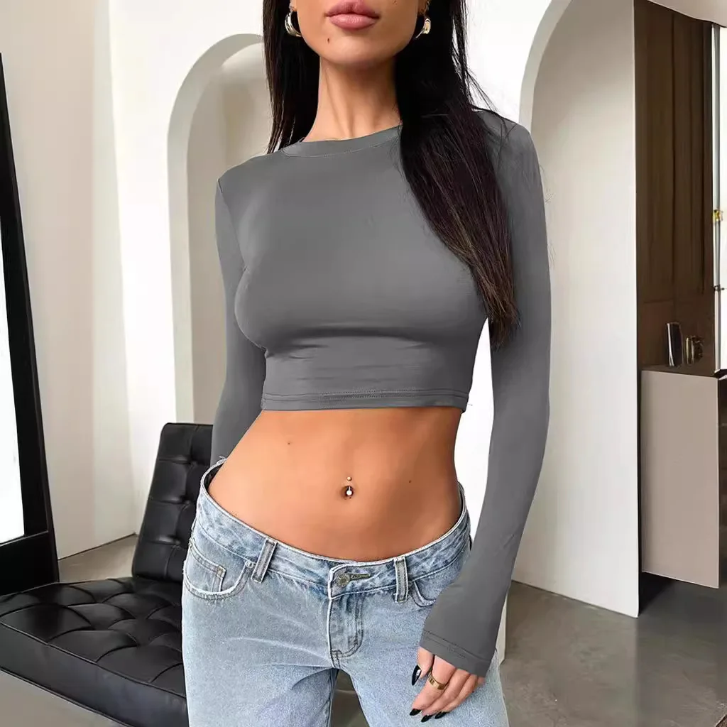 Women's Long Sleeve round Neck T-Shirt Pure Color Sexy Crop Top Slim Fit Base Layer Shirt Spring Season Ultra Short Style