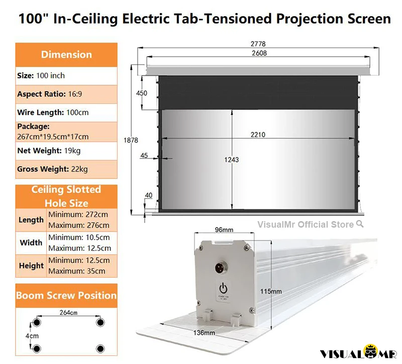 2026 Nieuw Inbouw Elektrisch Zwart Grid ALR UST Ingebouwd Projector Scherm Tab-Tensioned Gemotoriseerd Geüpgraded Plafondprojectie 4K