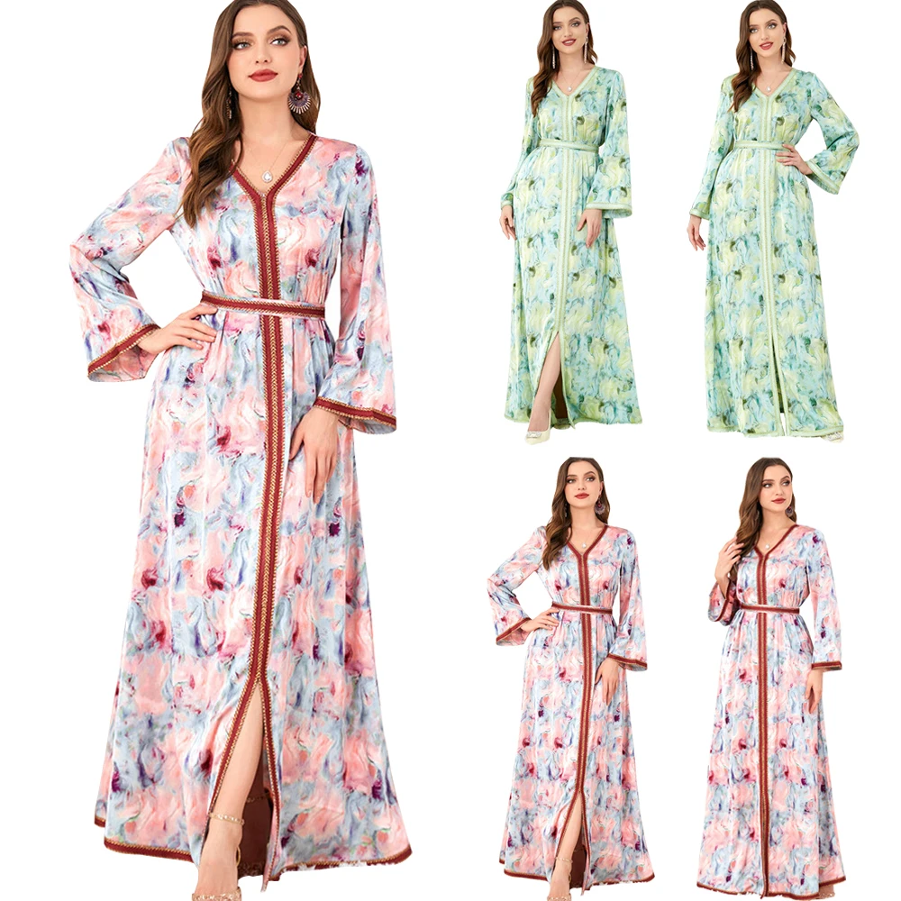 

Women Floral Printed Long Dress Muslim Arabic Abaya Islamic Clothing Middle East Dubai Kaftan Moroccan Jalabiya Evening Ramadan