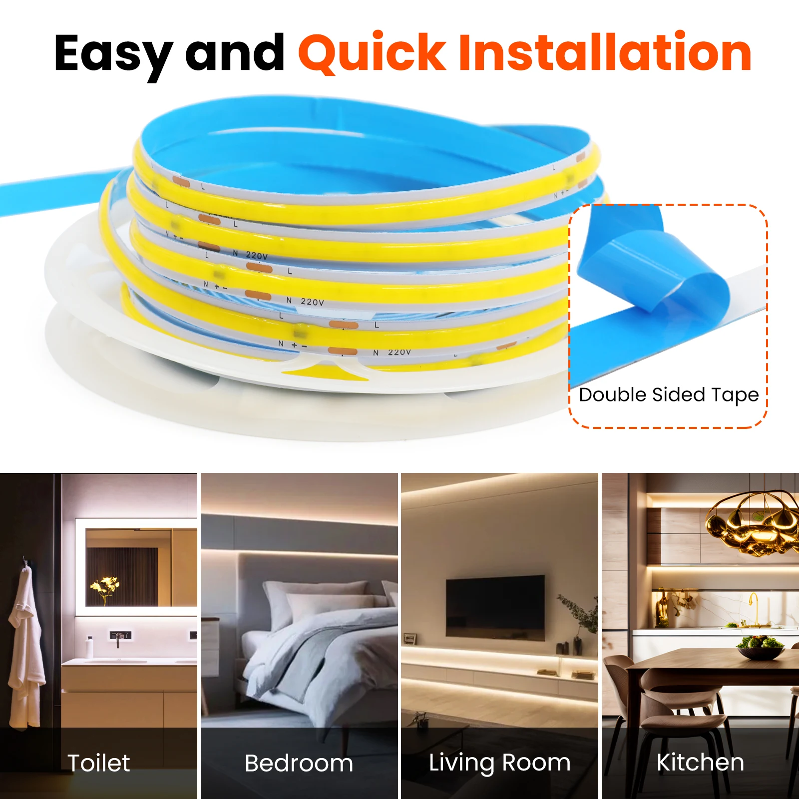 220V 5m 10m 15m 20m 50m COB LED Strip High Density 8mm PCB 240LEDs/m White/Warm White Cuttable and Flexible Ribbon Rope Light