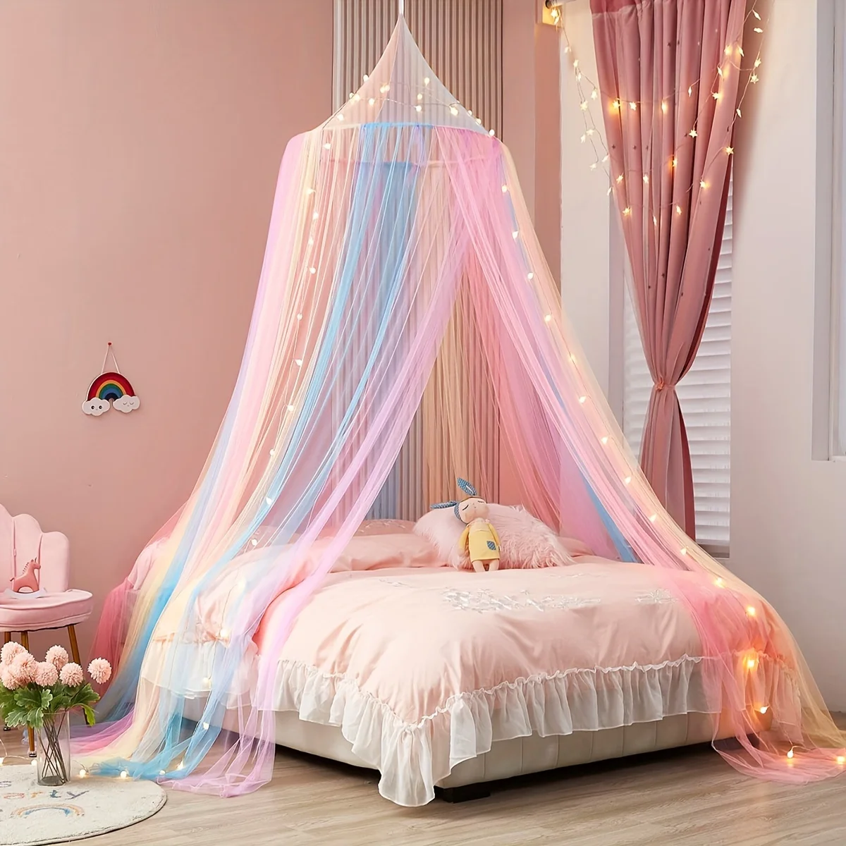 

Elegant Lace-Trimmed Cylindrical Mosquito Net For Twin Beds - Princess Canopy Style, Easy Care