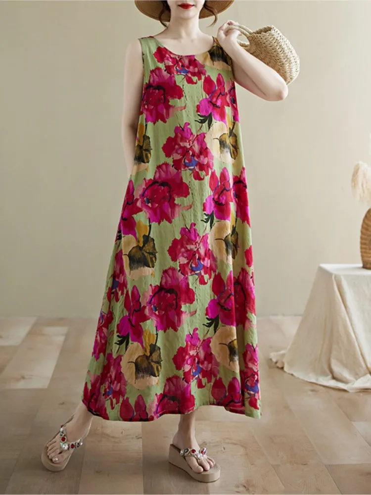ขนาดใหญ่ฤดูร้อนแขนกุด A-Line ชุดผู้หญิงดอกไม้พิมพ์ดอกไม้แฟชั่นหลวมสบายๆสุภาพสตรีชุด Ruffle ชุดผู้หญิง