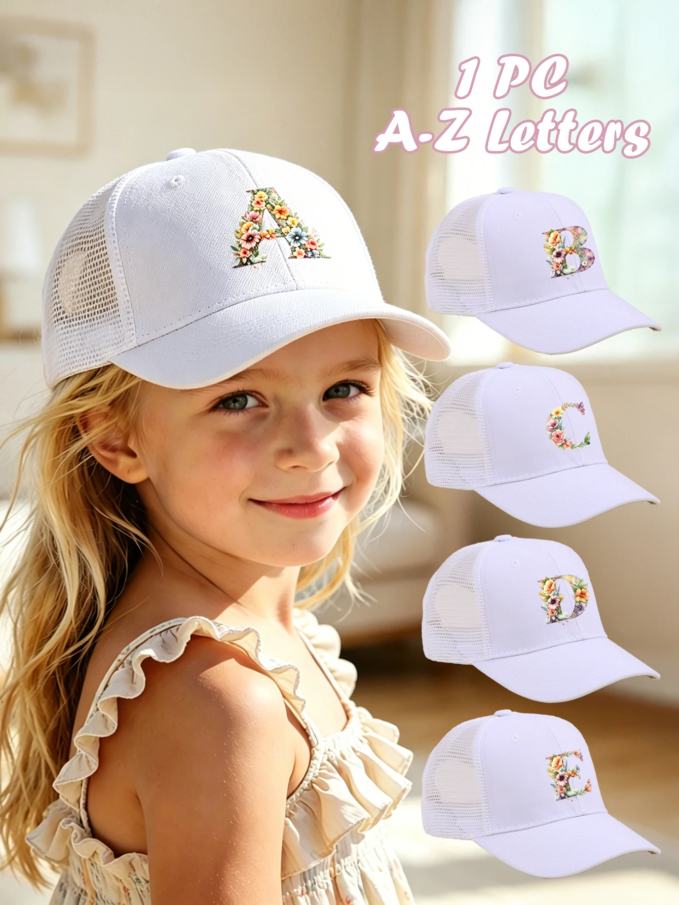 

1pc girls' white Baseball Cap - Colorful Floral And A-Z letter, Fresh, Trendy, Lightweight,3-8 years baby old Breathable And Sun
