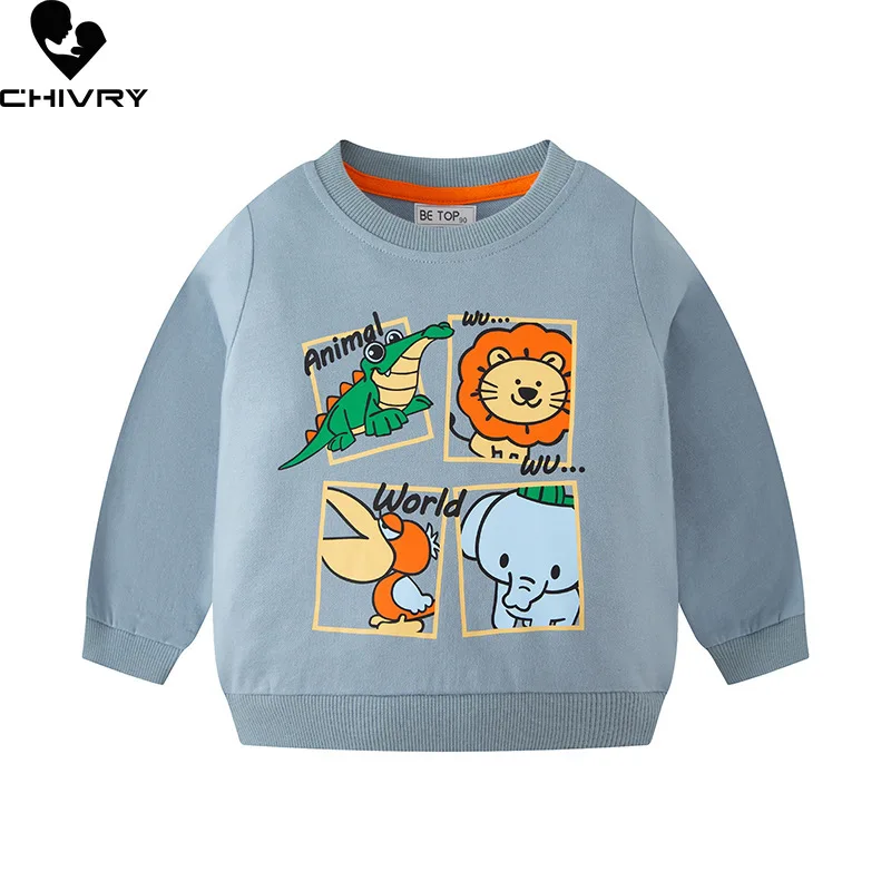 

New Kids Autumn Winter Fashion Pullover Sweatshirt Baby Boys Cartoon Animal Print Round Neck Knitted Sweatshirts Sports Tops