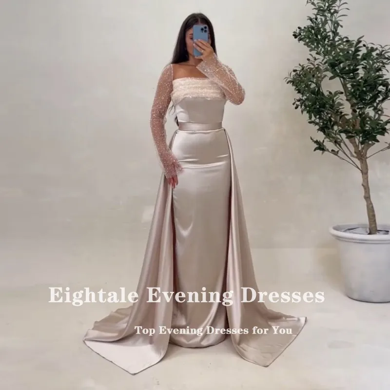 Eightale champanhe noite vestidos com saia destacável personalizado mangas compridas Prom Party vestido casamento sukienki na studniówkę