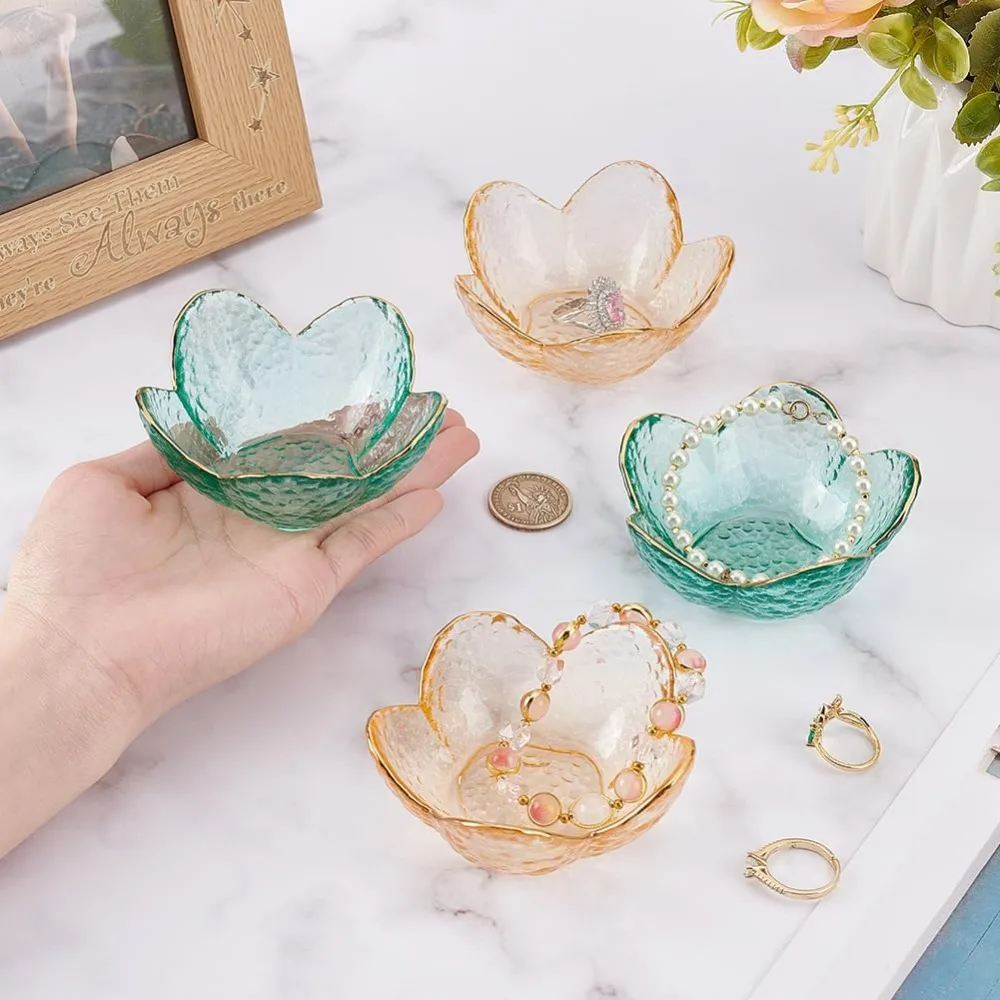 2 pezzi di vetro per gioielli, vassoio per gingilli, 3.48x3.54x1.57 pollici, anello per fiori arancioni, portapiatti, piccola chiave, ciotola in vetro estetico