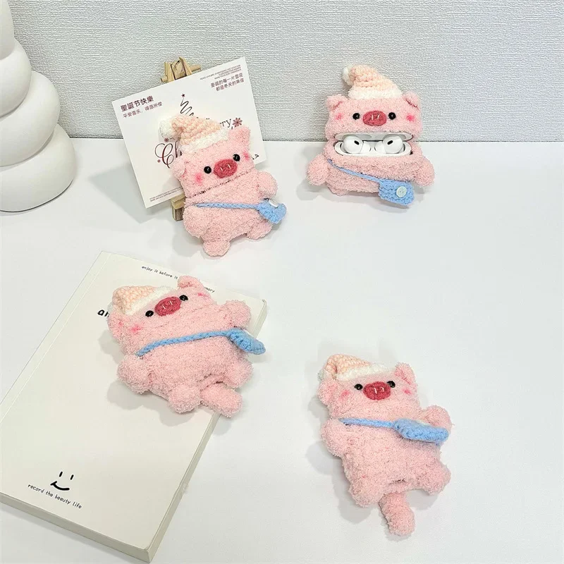 

Cute Pink Pig Knit Case for AirPods 4 Airpod 1 2 3 Pro Pro2 Bluetooth Earbuds Charging Box Protective Earphone Case Cover