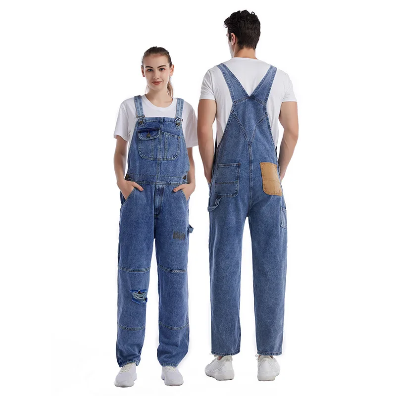 Perforated Large Size Mens Jeans Lovers Denim Suspenders Overalls Cotton Patchwork Jumpsuit Ripped Jeans Cargo Pants Women