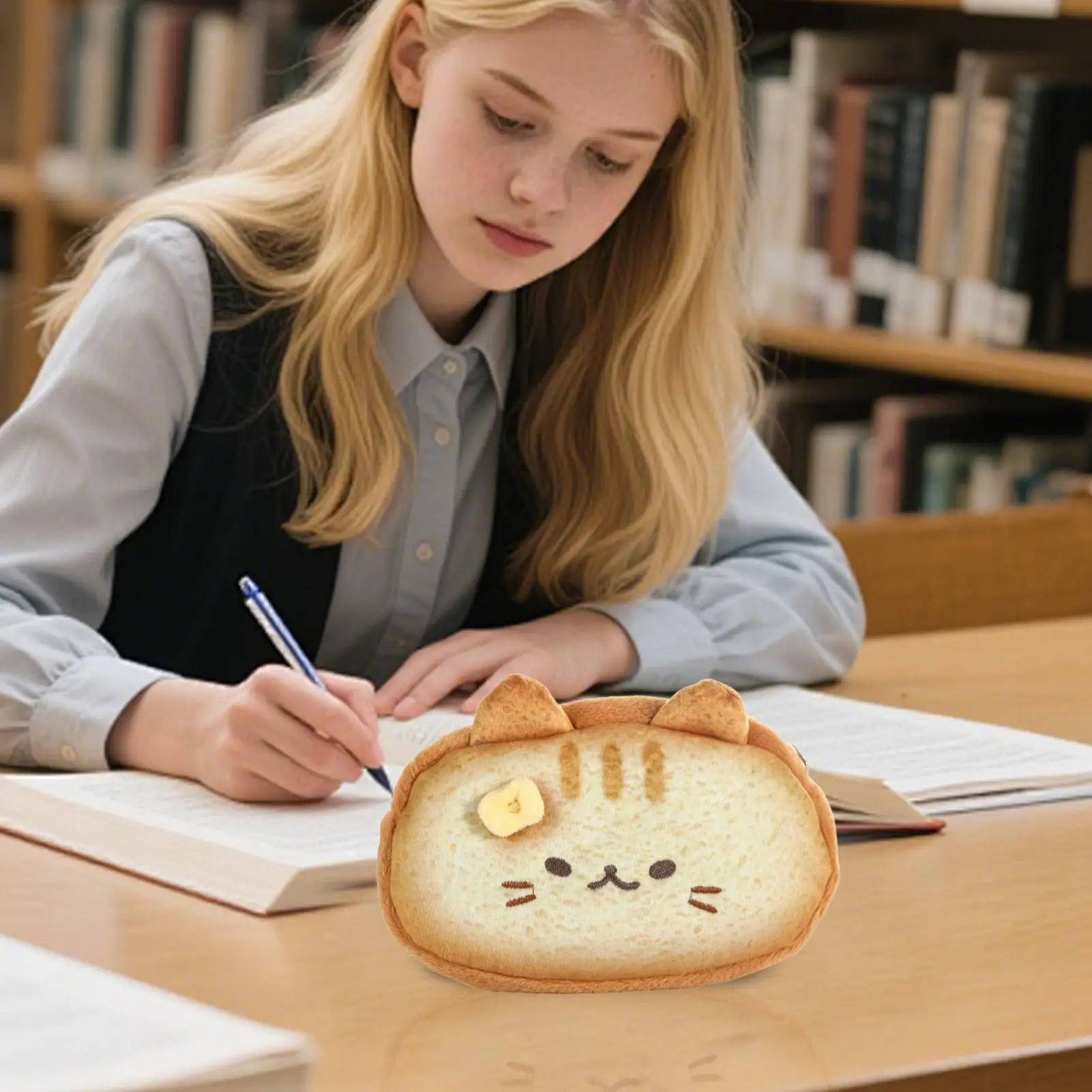 Estuche para lápices de gato, estuche para lápices escolares con diseño de tostada, organizador de felpa, bolsa estética para mochila, guardería, escuela, niños y adolescentes