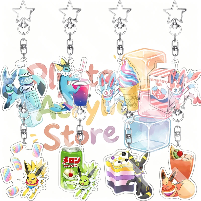 Cartoon Eevee Summer Dessert Drink Theme Double-sided Print Acrylic Keychain Anime Pendant Flareon Vaporeon Espeon Bag Charm Toy