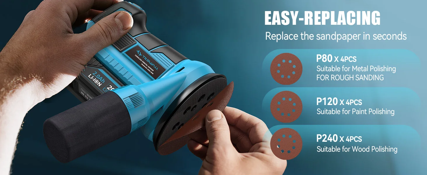 20V Cordless Orbital Sander 5'' Electric Palm Sander With Variable Speed 7000-11000 OPM Random Orbit Sander With Vacuum Dust Collector 2000mAh Battery & Fast Charger 12Pcs Sanding Discs For Woodworking Furniture (Blue)