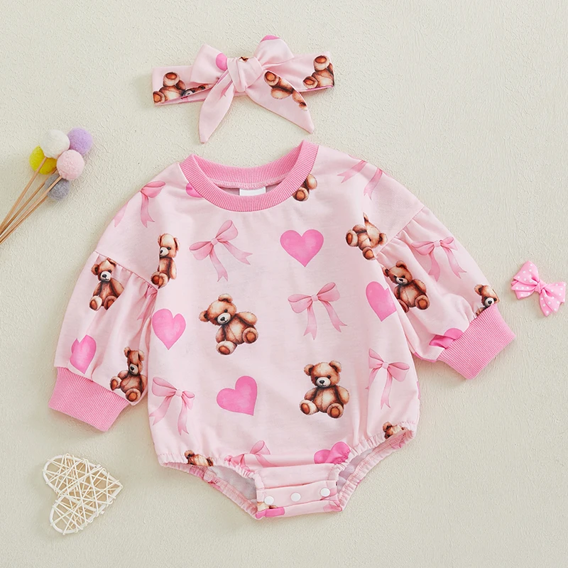 طفلة 2 قطعة ملابس الربيع طويلة الأكمام جولة الرقبة الدب القوس طباعة رومبير مع عقال مجموعة ملابس الرضع
