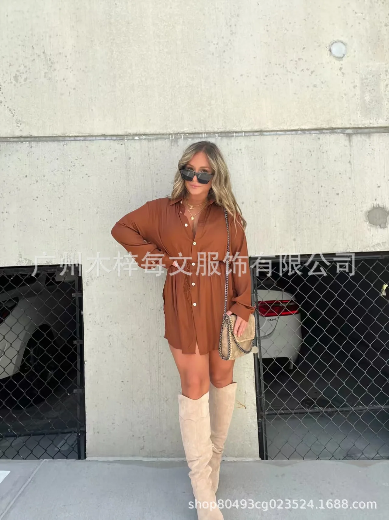 

Summer New Women's Fashion Pure Color Waist Cinching Tie Shirt dress