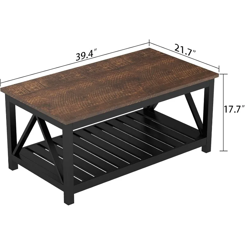 Black Coffee Table, Rustic Vintage Table with Shelf for Living Room, 40 Inch