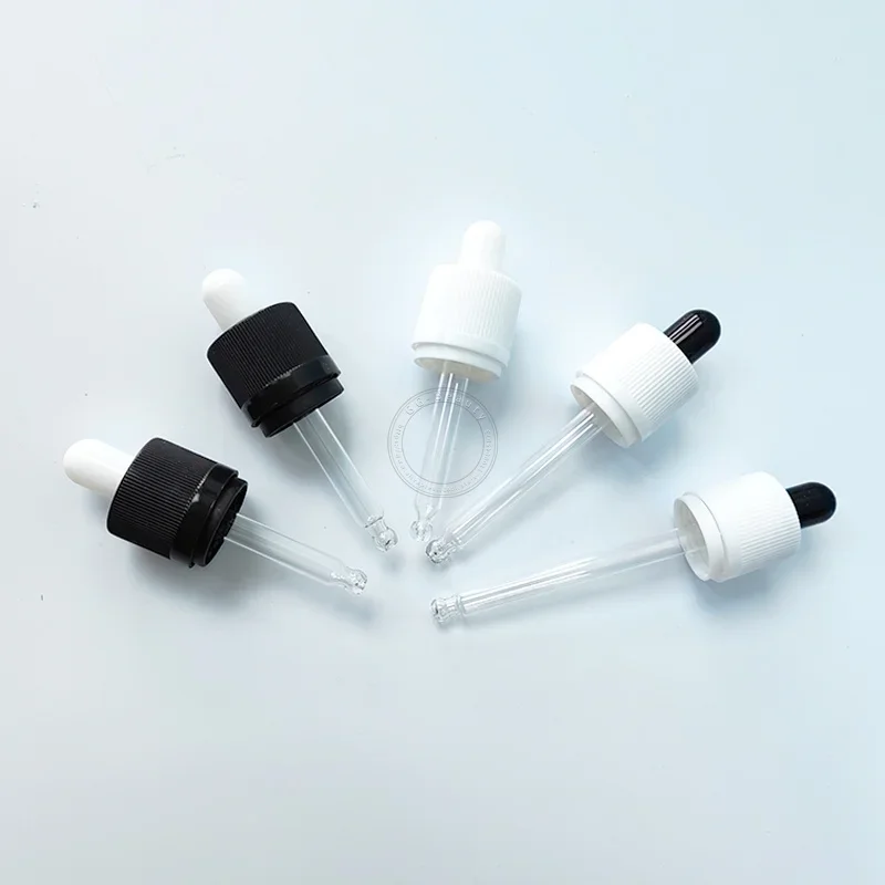 Veel Kindveilige en Fraudebestendige Caps Met Glazen Druppelaar Pipet Zwart/Wit Latex Hoofd Voor Makeup Tools Kit essentiële olie caps
