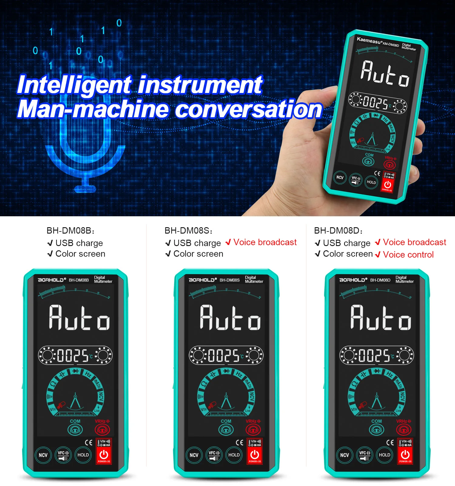 Imagem -02 - Borhold Multímetro Digital Recarregável Toque Cor Grande Tela Multímetro True Rms ac dc Tensão Atual Tester Auto-range