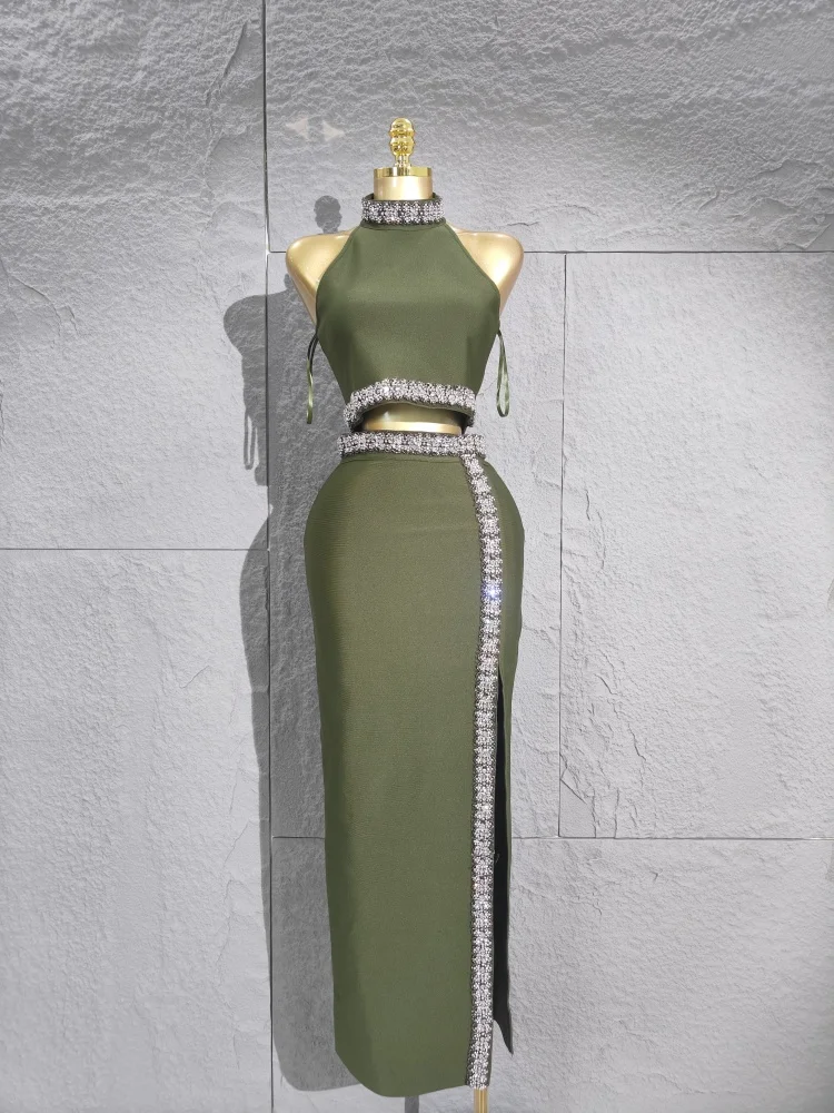 

2025 Elegant Side Split Two Piece Set Sparkly Beading Diamond Celebrity Evening Luxury Birthday Party Dress Wedding Guest Gowns