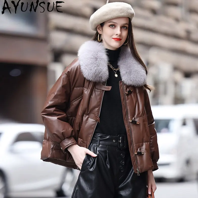 

AYUNSUE Genuine Sheepskin Jacket Warm Down Coats Women Fox Fur Collar Short Leather Jackets for Women Puffer Coat Abrigos SGG