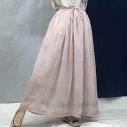 Johnature 2025 New Linen Vintage Solid Color Patchwork Embroidery Skirts Summer Loose Elastic Waist Tie Women Skirts