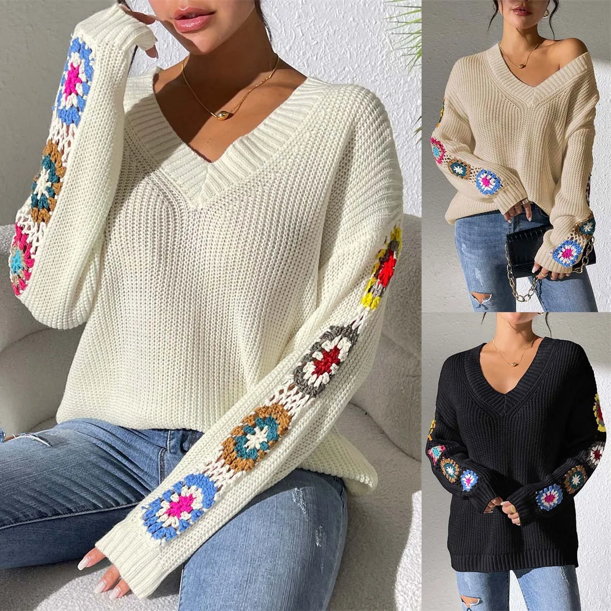

Hand-crochet Detailing V-Neck Pullover - Hot Style
