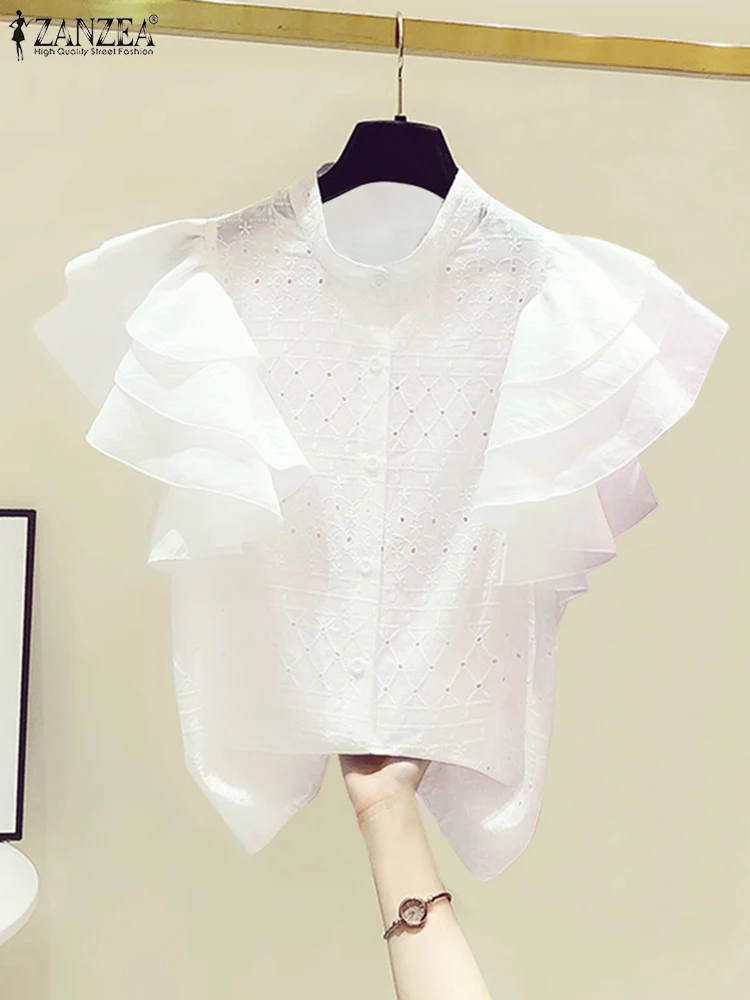 ZANZEA Korean Fashion Lace Shirt Women Ruffle Short Sleeves Tops 2024 Summer Designer Blouse Office Lady Lapel Neck Buttons Tops