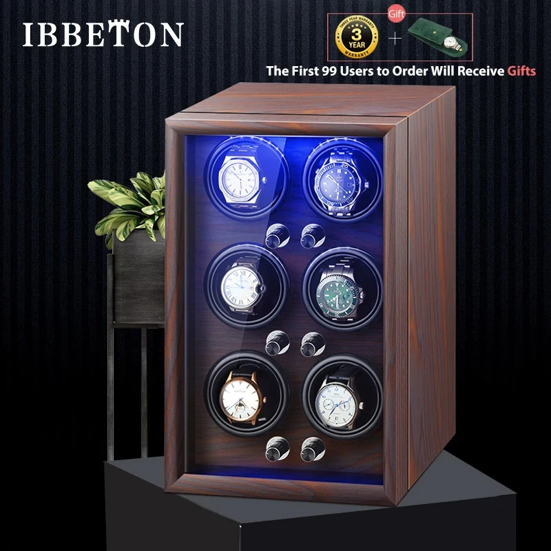 IBBETON Brand Mechanical Automatic Watch Winder Luxury Wood Watch Box with LED Light and Lid Sensor Watches Storage Safe Box