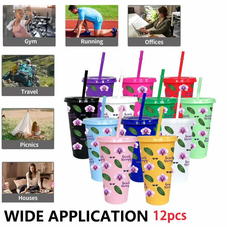 12pcs/pack Flowers Leaves Letter Patterns 26oz Colored Plastic Party Cold Cups for Back-to-school Birthday Gifts