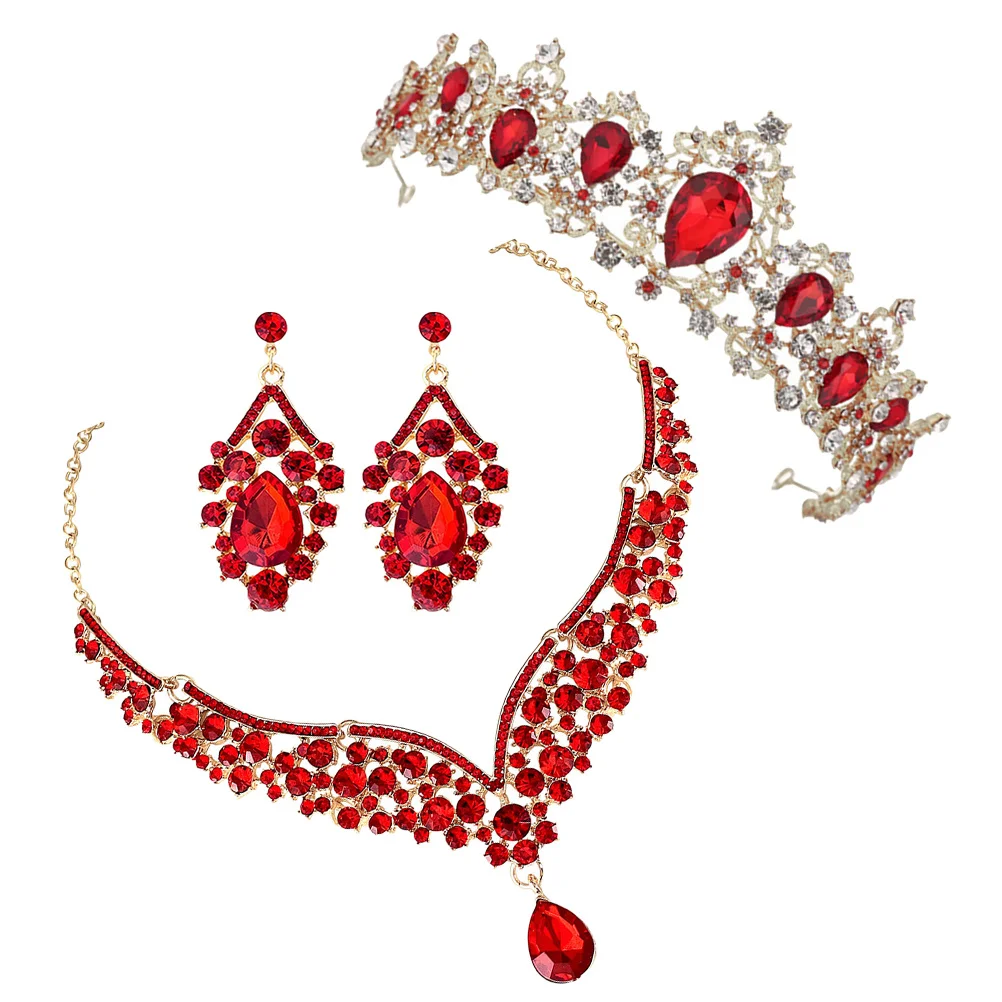 1 Juego de collar de corona nupcial para boda, pendientes, conjunto de joyería con diamantes de imitación, elegante para fiesta de cumpleaños, conjunto de collar y pendientes de corona para niñas
