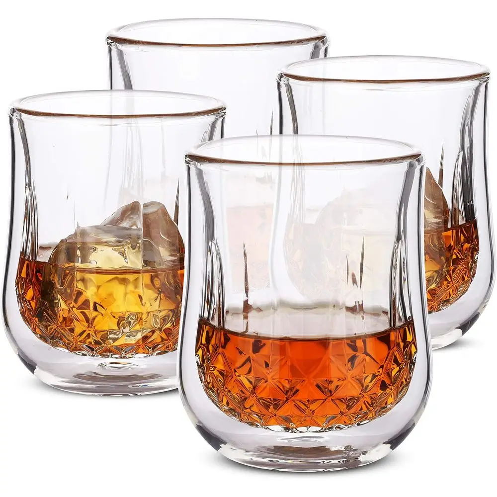 

Double Wall Whiskey Glasses Set of 4 - Bourbon, Cocktail, Scotch, Old Fashioned, Crystal Rocks, Vodka Glasses