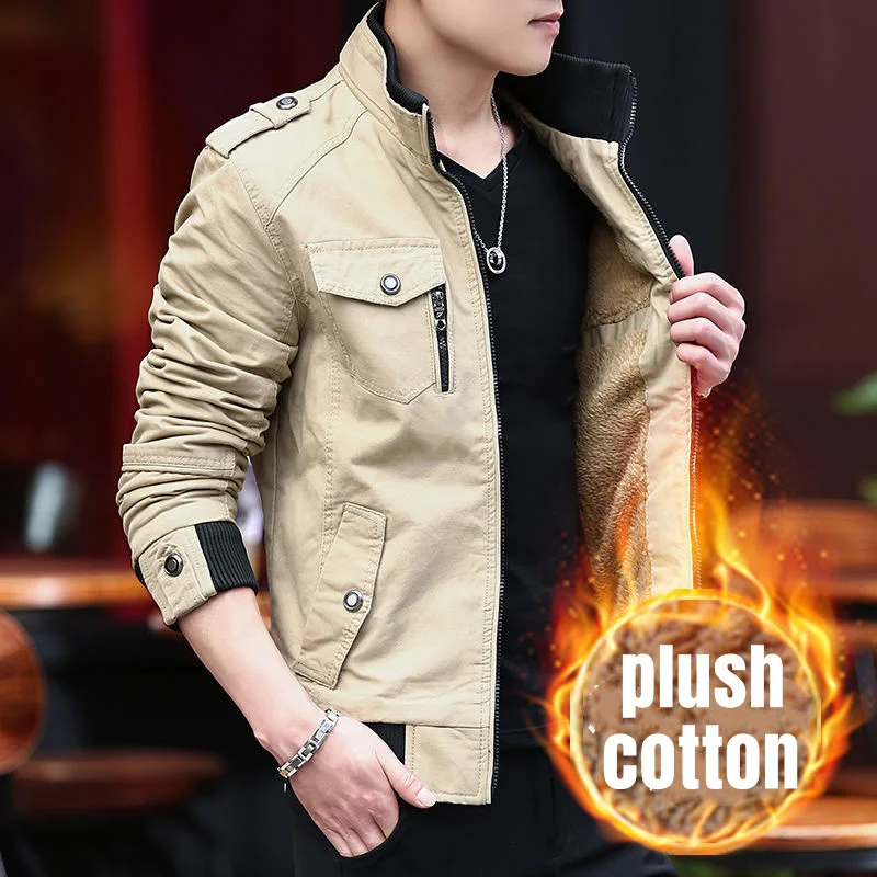 Men's Plush thick jacket jacket, autumn and winter fashion, high-quality large-size work clothes, cotton warm windbreak