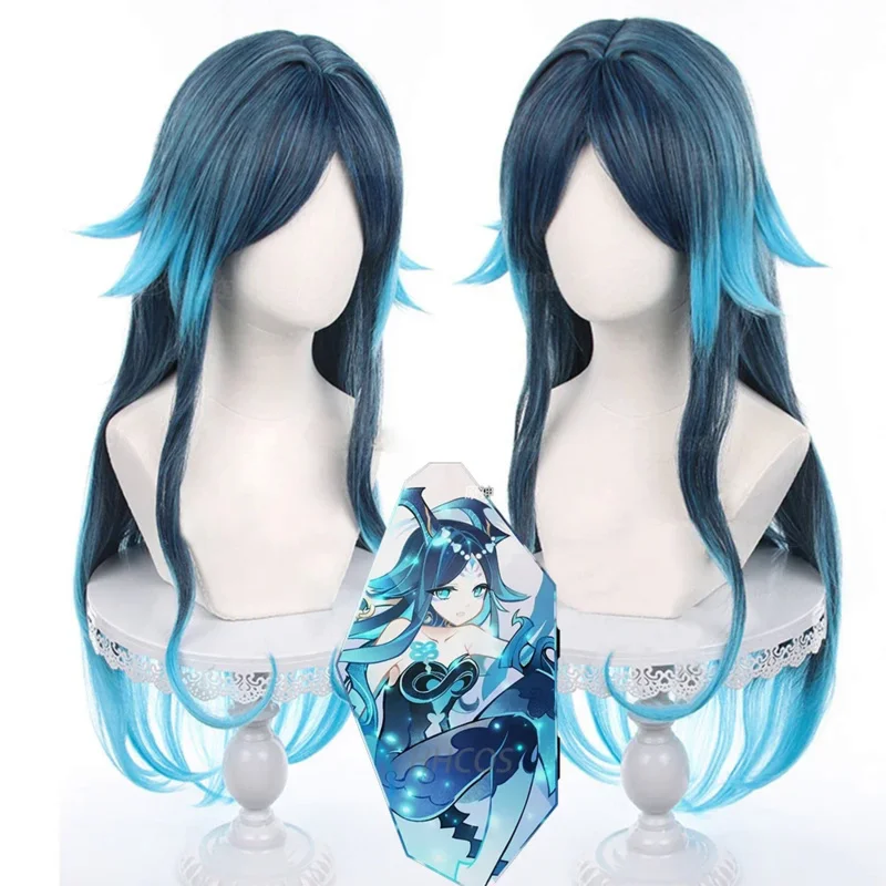 Game Genshin Impact Bonanus Cosplay Wig Hydro Yaksha 75cm Long Blue Gradient Heat Resistant Synthetic Halloween Wigs   Wig Cap