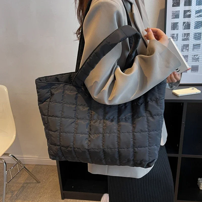 Quilted Puffer Tote Bag for Women Solid Color Soft Underarm Large Capacity Shoulder Bag Trendy Handbag for Daily Office Travel