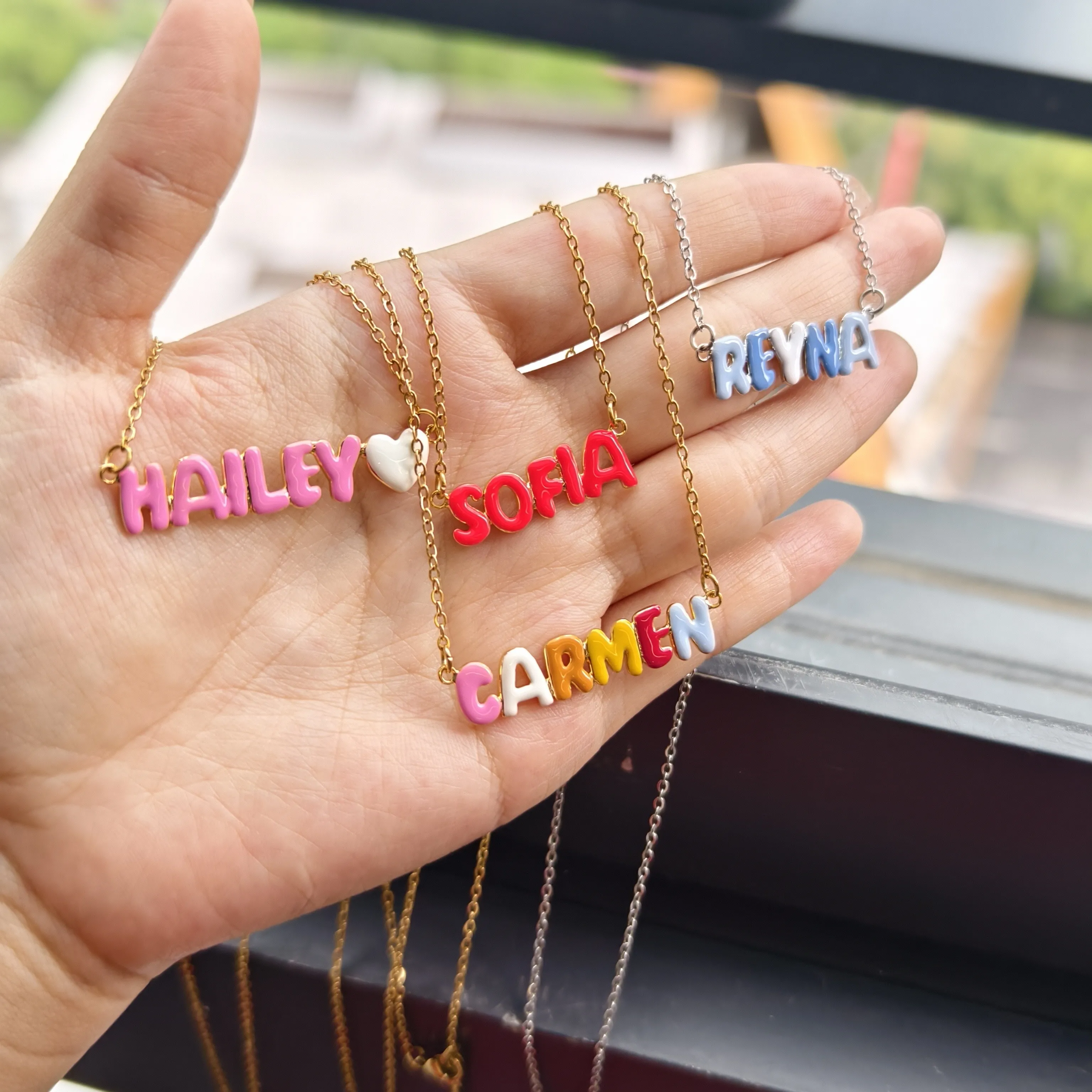 

Haute Couture Name Bubble Letters Enamel Necklace Personalized Oil Rubbed Premium Stainless Steel Women's Pendant Gift For Her