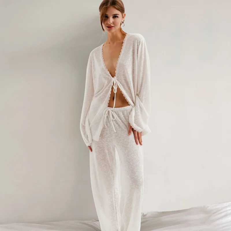 Wholesale Women's Comfortable Pajamas Set Autumn Long Sleeved Knitted Lace-Up Loungewear Trousers European American Style
