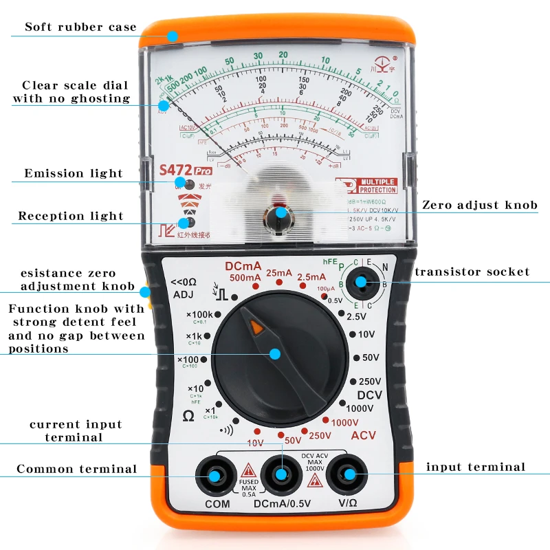 NJTY S472PRO 미니 아날로그 멀티미터, 범용 고정밀 기계식 화상 방지 멀티미터