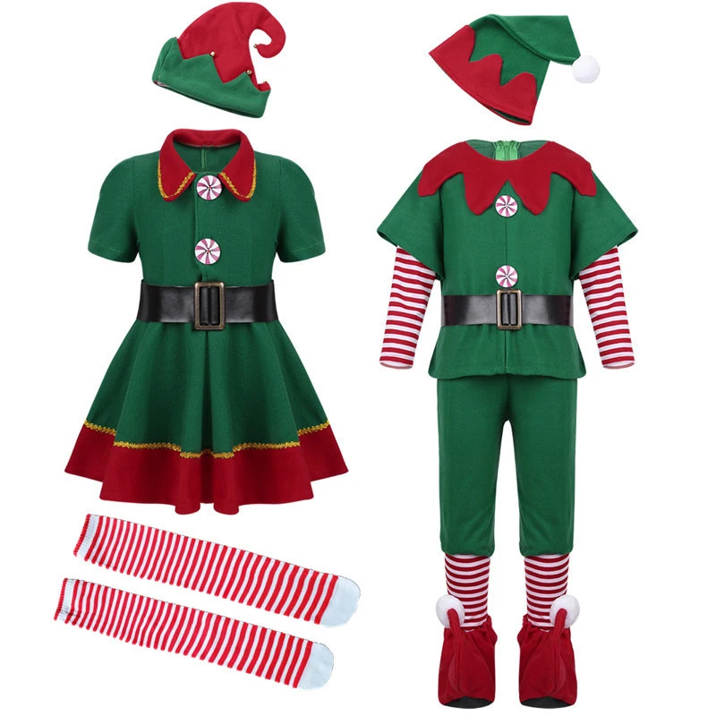 Boys and Girls Christmas Green Elf Costumes, Family Christmas Suits, Men and Women Christmas Clothing